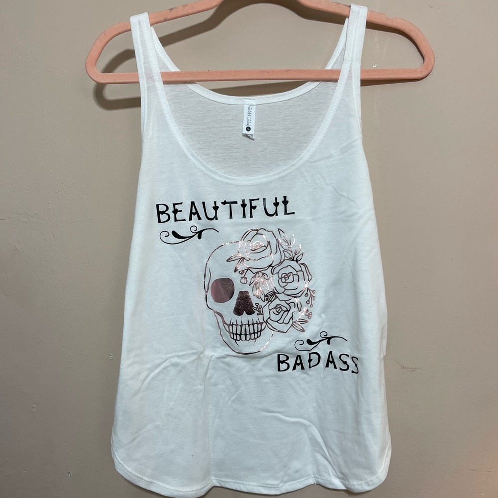 3/$10 Next Level Apparel White Floral Skull Graphic Tank